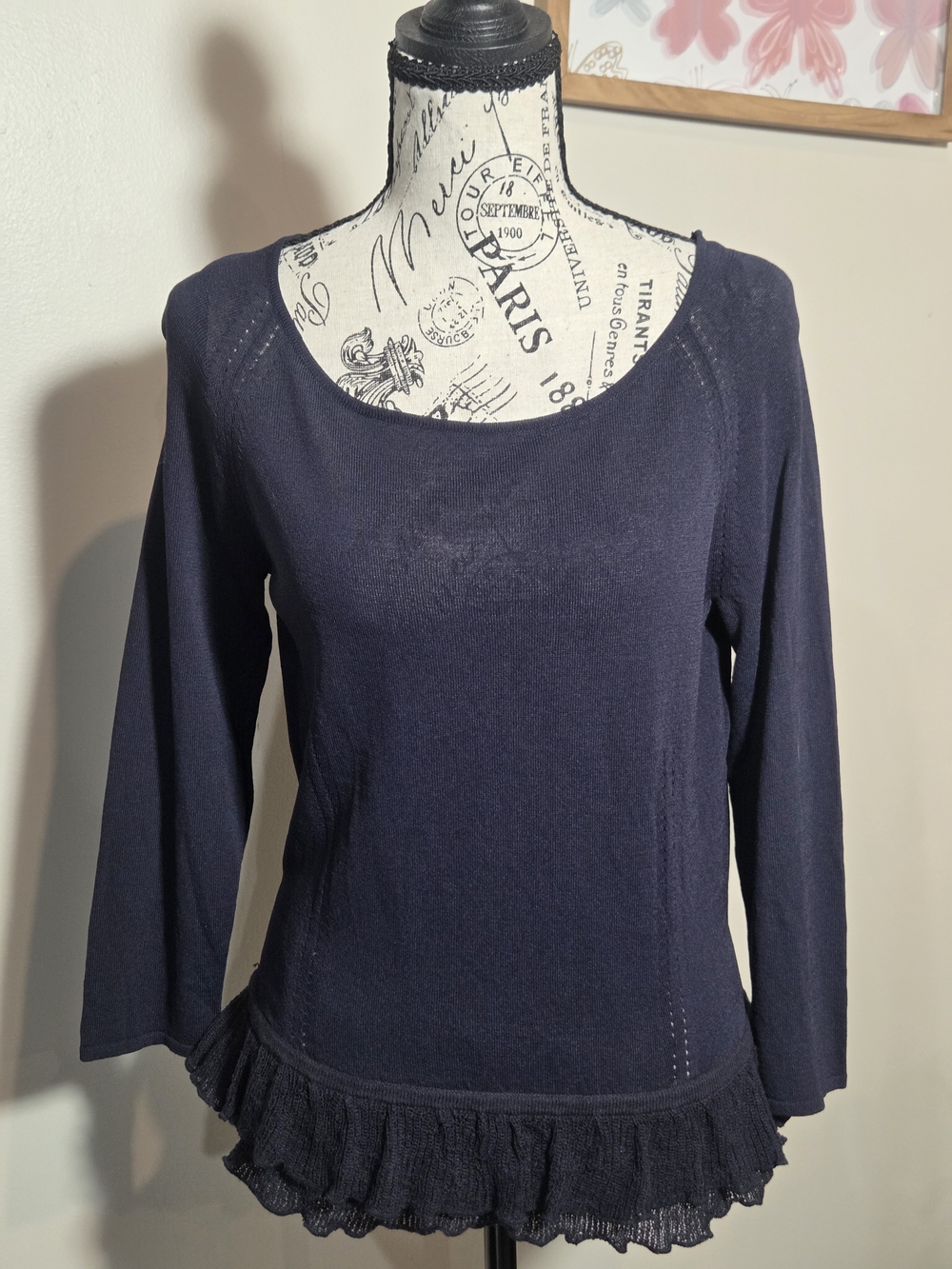 Nine & Company Navy Blue Scoop Neck Ruffle Hem Sweater Top